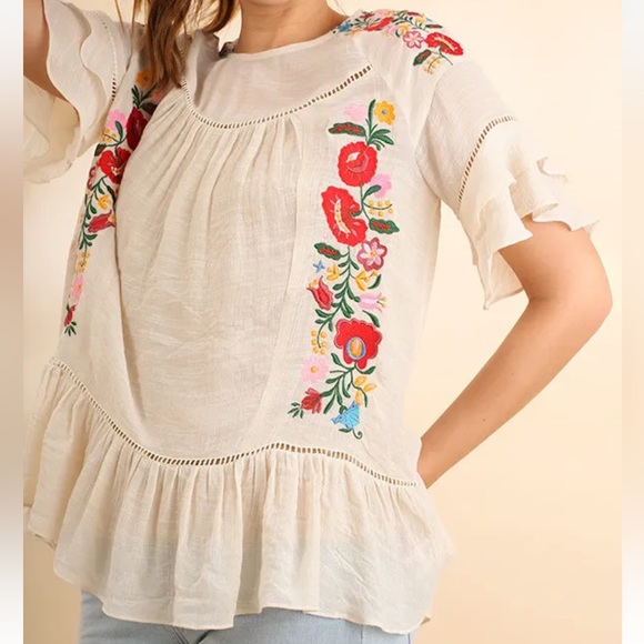 Umgee Tops - Umgee Cream Embroidered Flutter-Sleeve Peasant Top with Red Floral Accents
